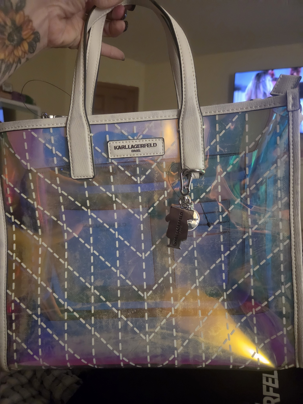 Karl Lagerfeld Holographic Clear Tote with White Trim